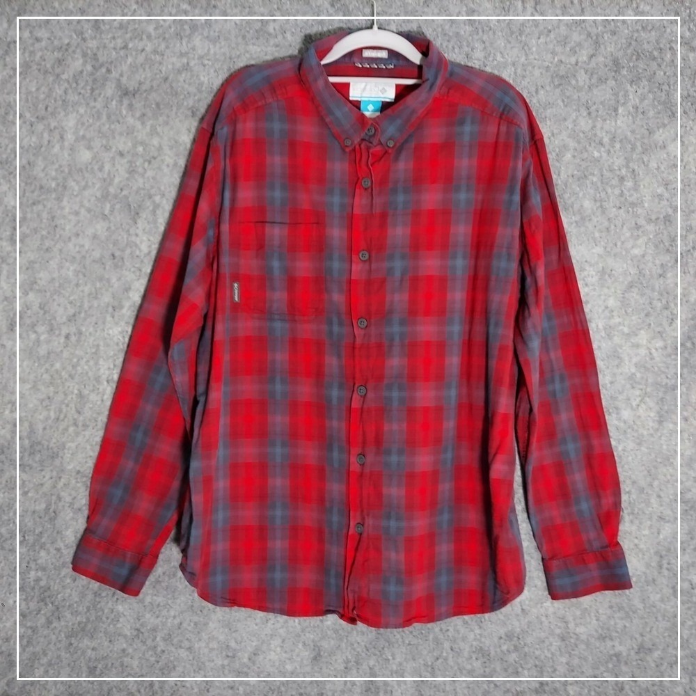 Columbia Men Shirt XL Buttons Long Sleeve Red Collared Plaid‎ Outdoor preppy